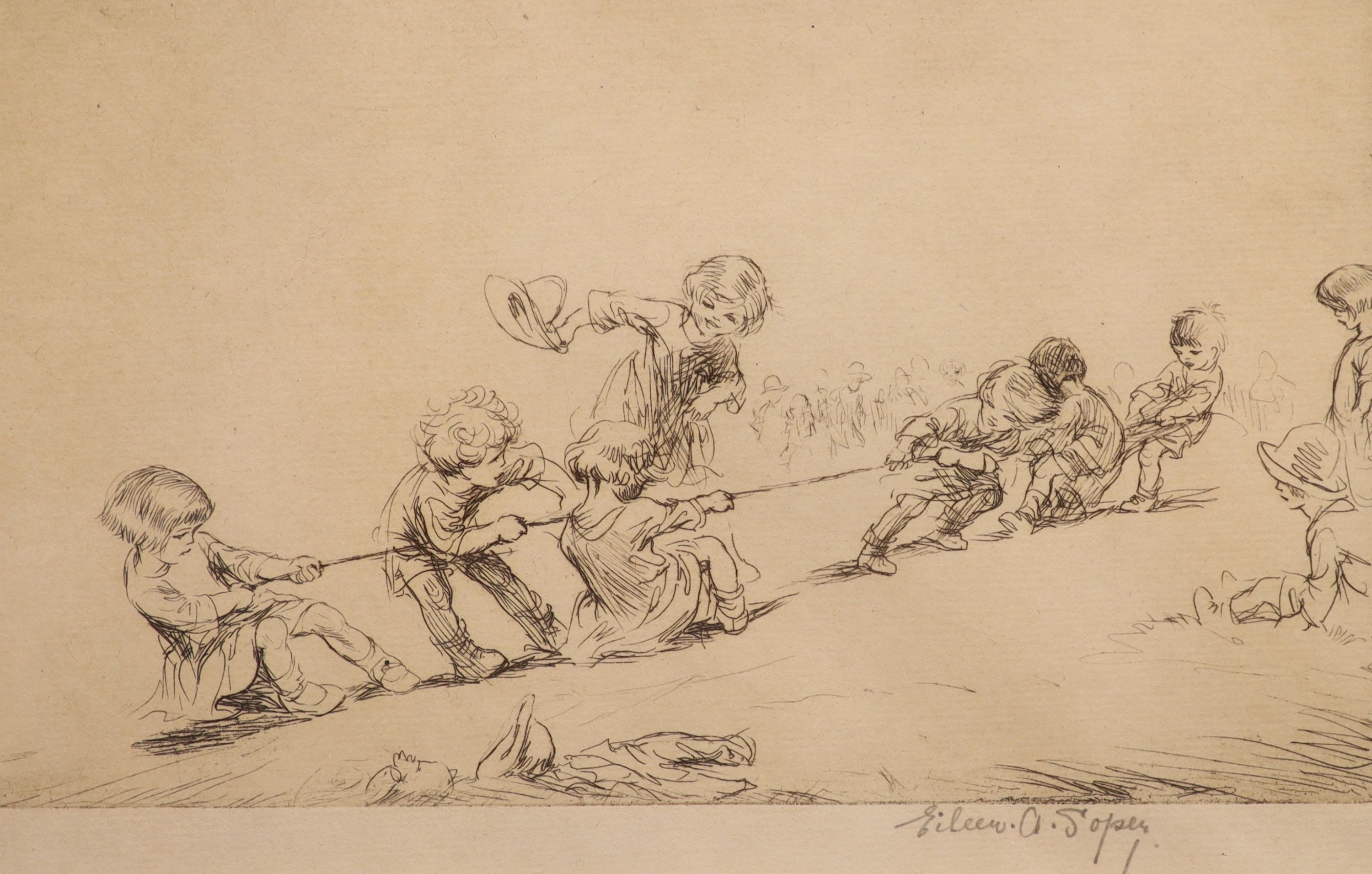 Eileen Alice Soper (1905-1990), etching, Tug of War, signed in pencil, 10 x 17cm and an etching by John Souter, 10 x 12cm